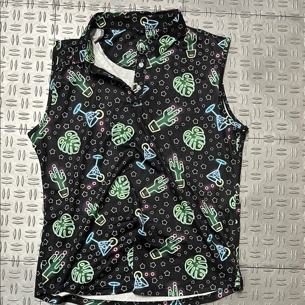 Black Sleeveless Shirt with Neon Cactus and party Cocktail Print. Golf or relax